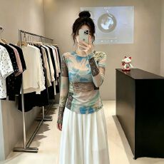 批发官拍大码女装晕染双层网纱长袖t恤<b class='q'>夏季</b>叠穿薄款防晒罩衫透气上衣