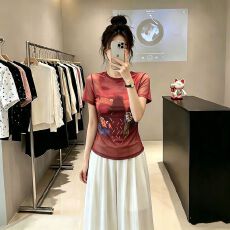 批发官拍<b class='q'>大码</b>女装夏季时尚简约红色圆领短袖双层网纱T恤抽象猫咪衣