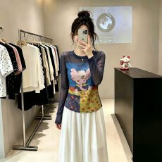 批发官拍大码胖mm<b class='q'>夏季</b>薄款防晒罩衫上衣高级修身小象印花双层网纱t恤