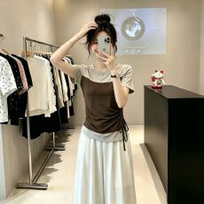 批发官拍<b class='q'>大码</b><b class='q'>女装</b>网纱拼接正肩短袖T恤女夏季胖独特小衫假两件上衣