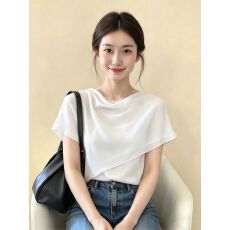 批发官拍大码法式粉色荡领<b class='q'>短袖</b><b class='q'>T</b><b class='q'>恤</b>女夏季<b class='q'>雪纺</b>拼接设计感气质显瘦上衣