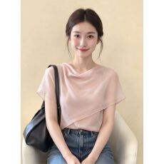 批发官拍大码法式粉色荡领<b class='q'>短袖</b><b class='q'>T</b><b class='q'>恤</b>女夏季<b class='q'>雪纺</b>拼接设计感气质显瘦上衣
