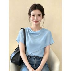 批发官拍大码法式粉色荡领<b class='q'>短袖</b><b class='q'>T</b><b class='q'>恤</b>女夏季<b class='q'>雪纺</b>拼接设计感气质显瘦上衣