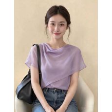 批发官拍大码法式粉色荡领<b class='q'>短袖</b><b class='q'>T</b><b class='q'>恤</b>女夏季<b class='q'>雪纺</b>拼接设计感气质显瘦上衣