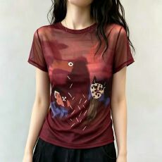 批发官拍大码女装夏季时尚简约红色圆领短袖双层网纱T恤抽象猫咪衣