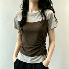 批发官拍<b class='q'>大码</b>女装网纱拼接正肩短袖T恤女夏季胖独特小衫假两件上衣