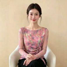 批发官拍<b class='q'>大码</b>女装双层网纱春秋新款扎染印花不规则绑带长袖T恤上衣