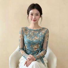 批发官拍<b class='q'>大码</b>女装爆款春秋双层韩版印花气质绑带长袖女新款网纱上衣