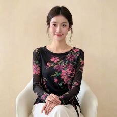 批发官拍<b class='q'>大码</b>女装春秋双层韩版印花气质绑带长袖T恤女新款网纱上衣