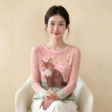 批发官拍大码胖小猫<b class='q'>碎花</b>双层网纱长袖t恤女夏季新款显瘦绝美底衫<b class='q'>上衣</b>
