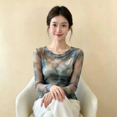 官拍大码女装复古印花圆领长袖双层网纱t恤女设计感修身显瘦上衣