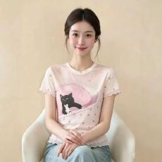 批发官拍<b class='q'>大码</b>女装夏季设计感烫钻拼接印花短袖t恤女修身独特别致上衣