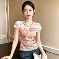 批发官拍大码设计感假两件印花网纱短袖<b class='q'>t</b><b class='q'>恤</b>女夏季胖显瘦修身上衣