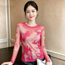 批发官拍轻熟风网纱<b class='q'>长袖</b>打底衫女装时尚潮牌夏季新款修身显瘦防晒上衣