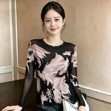 批发官拍轻熟风网纱<b class='q'>长袖</b>打底衫女装时尚潮牌夏季新款修身显瘦防晒上衣