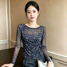 批发官拍<b class='q'>大码</b>女装春秋双层韩版印花气质绑带长袖T恤女新款设计感上衣