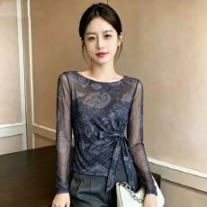 批发官拍<b class='q'>大码</b>女装春秋双层韩版印花气质绑带长袖T恤女新款网纱上衣