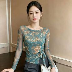 批发官拍<b class='q'>大码</b>女装爆款春秋双层韩版印花气质绑带长袖女新款网纱上衣