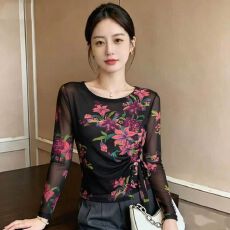 批发官拍<b class='q'>大码</b>女装春秋双层韩版印花气质绑带长袖T恤女新款网纱上衣