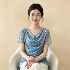 官拍大码女装法式荷叶边荡领双层网纱短袖T恤夏季修身不规则上衣