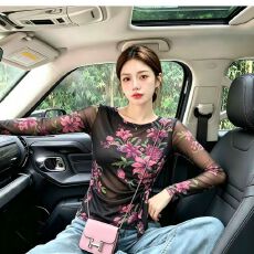 批发官拍大码女装春秋双层<b class='q'>韩版</b>印花气质绑带<b class='q'>长袖</b>T恤女新款网纱上衣