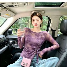 批发官拍大码女装高级感春夏双层网纱长袖t恤<b class='q'>新款</b><b class='q'>打底衫</b>绑带上衣防晒