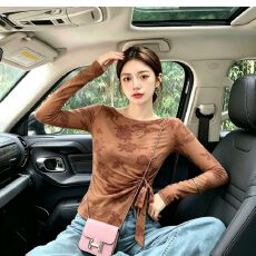 批发官拍大码女装高级感春夏双层网纱长袖t恤<b class='q'>新款</b><b class='q'>打底衫</b>绑带上衣防晒