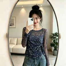 批发官拍大码女装春秋双层韩版印花气质绑带长袖T恤女新款设计感上衣