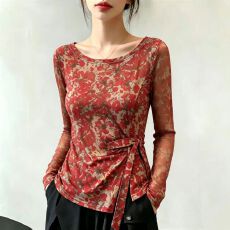 批发官拍大码女装春季新款双层网纱绑带长袖碎花T恤修身洋气复古上衣