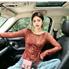 批发官拍大码女装春季新款双层网纱绑带长袖碎花T恤修身洋气复古上衣