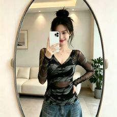 批发官拍大码女装春夏设计感V领双层网纱长袖T恤洋气撞色修身防晒上衣