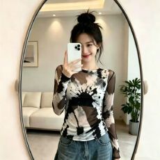 批发官拍大码女装复古印花微透罩衫长袖双层网纱t恤女夏季薄款上衣