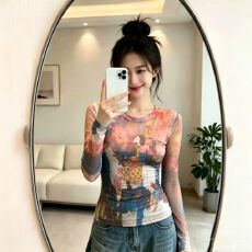 批发官拍大码女装印花双层网纱防晒衫女夏季修身显瘦洋气减龄T恤上衣