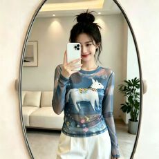 批发官拍大码女装高级感印花双层网纱长袖T恤夏季新款防晒罩衫上衣女