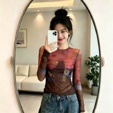 批发官拍大码女装夏季新款时尚T恤卡通印花洋气减龄长袖双层网纱上衣