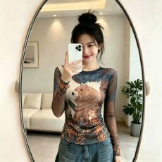 批发官拍大码女装高级感印花双层网纱长袖防晒衫T恤时尚显瘦百搭上衣