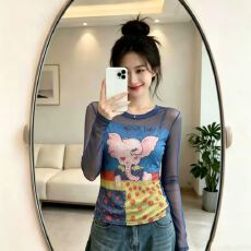 批发官拍<b class='q'>大码</b><b class='q'>胖</b><b class='q'>mm</b><b class='q'>夏季</b>薄款防晒罩衫上衣高级修身小象印花双层网纱t恤