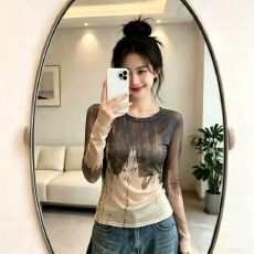 批发官拍大码女装设计感扎染长袖双层网纱T恤女夏季百搭修身防晒上衣
