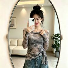 批发官拍大码女装夏季韩版印花绑带长袖T恤女新款设计感双层网纱上衣