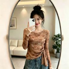 批发官拍大码女装夏季韩版印花绑带长袖T恤女新款设计感双层网纱上衣