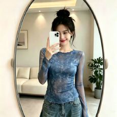 批发官拍大码女装印花薄款长袖双层网纱t恤夏季外搭罩衫木耳边上衣
