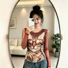 批发官拍大码女装韩系气质卡通印花长袖双层网纱T恤复古显瘦冰丝上衣
