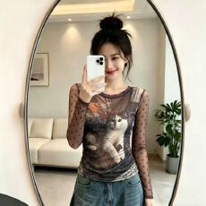 批发官拍大码胖小猫印花双层网纱长袖t恤女夏季新款显瘦绝美打底上衣