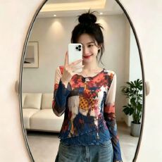 批发官拍大码女装扎染双层网纱防晒不规则长袖t恤夏季短款别致罩衫女