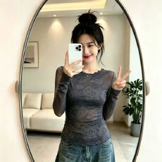 批发官拍大码女装复古木耳边喇叭袖长袖双层网纱t恤夏季新款修身上衣