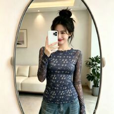 批发官拍大码女装木耳边碎花双层网纱喇叭长袖t恤夏季新款上衣防晒衣
