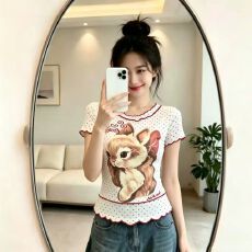 批发官拍大码设计感假两件印花网纱短袖t恤女夏季胖显瘦修身上衣