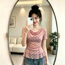 批发官拍大码女装法式荷叶边荡领双层网纱短袖T恤夏季修身不规则上衣