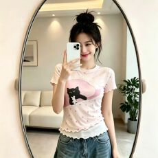 批发官拍大码女装夏季设计感烫钻拼接印花短袖t恤女修身独特别致上衣