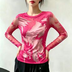 批发官拍轻熟风网纱长袖打底衫女装时尚潮牌夏季新款修身显瘦防晒上衣